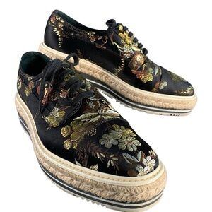 Prada Runway Platform Black and Gold Floral Espadrille Sneakers